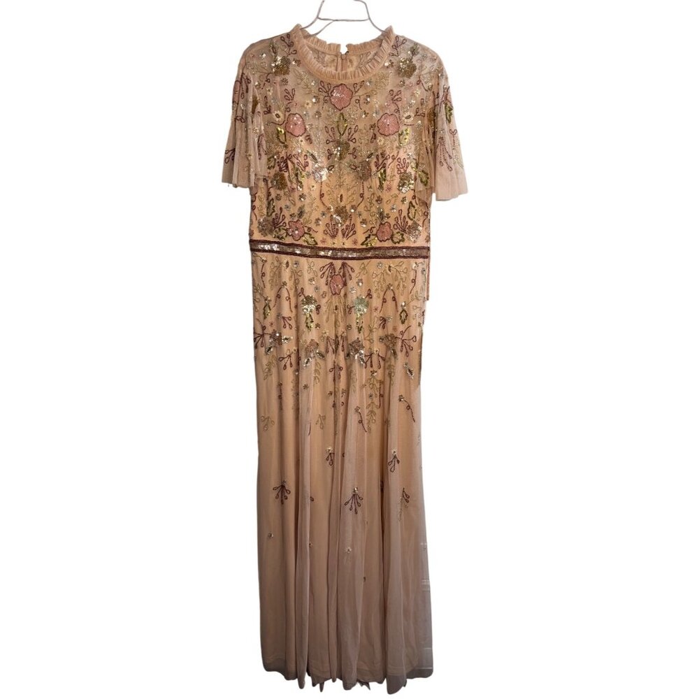 NWT Mac Duggal Floral Sequined Embellished High Neck Butterfly Sleeve Gown SZ 14